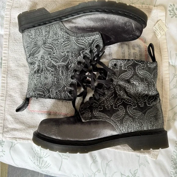 Dr. Martens 1460 Grey Brocade Velvet Boots - Picture 2 of 10
